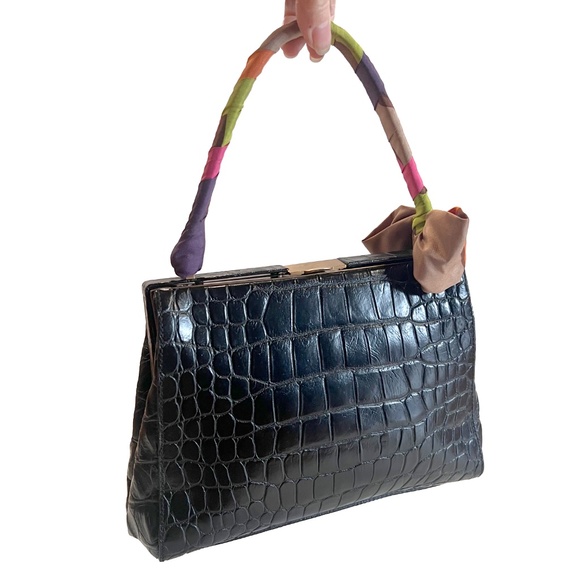 Miu Miu 90s Black Croc Embossed Leather Handbag with Scarf Handle Vintage Y2K - Picture 2 of 14